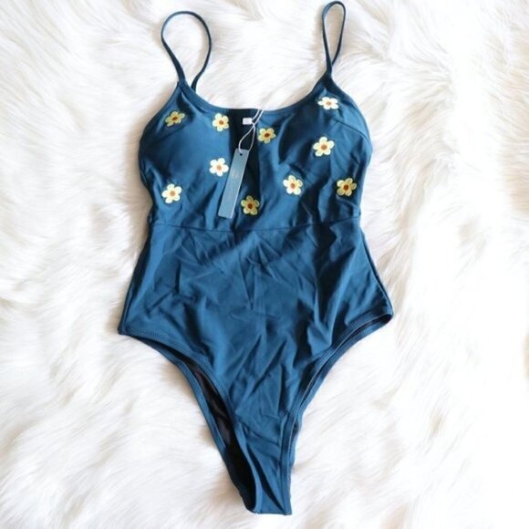 NWT Blue One Piece Bathing Suit Size Small Yellow Floral Swimsuit - Picture 3 of 9